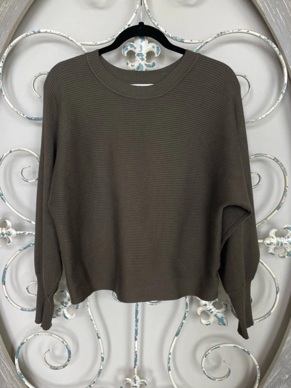 Pink Rose Olive Green Ribbed Crewneck Sweater